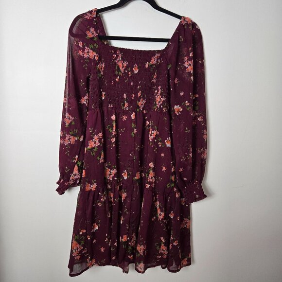 Maurices Size M Floral Arbor Smocked Berry Wine Long Puff Sleeve Dress Knee Leng - Picture 12 of 12